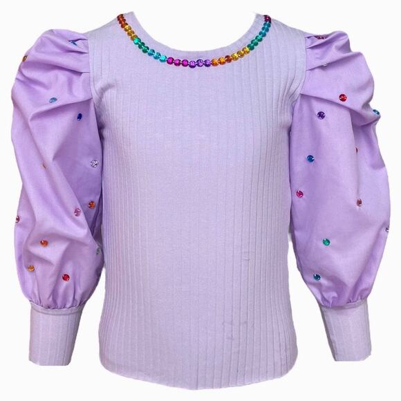 Lola & The Boys Gem Queen Puff Sleeve Blouse Girl's SZ 8 Lavender Sparkles Girly - Picture 1 of 8